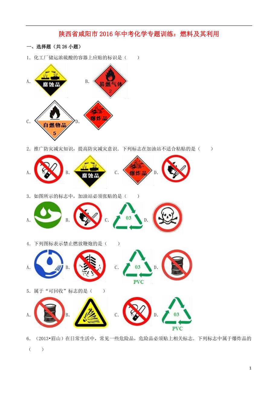 陕西省咸阳市2016年中考化学专题训练燃料及其利用含解析201703084111_第1页