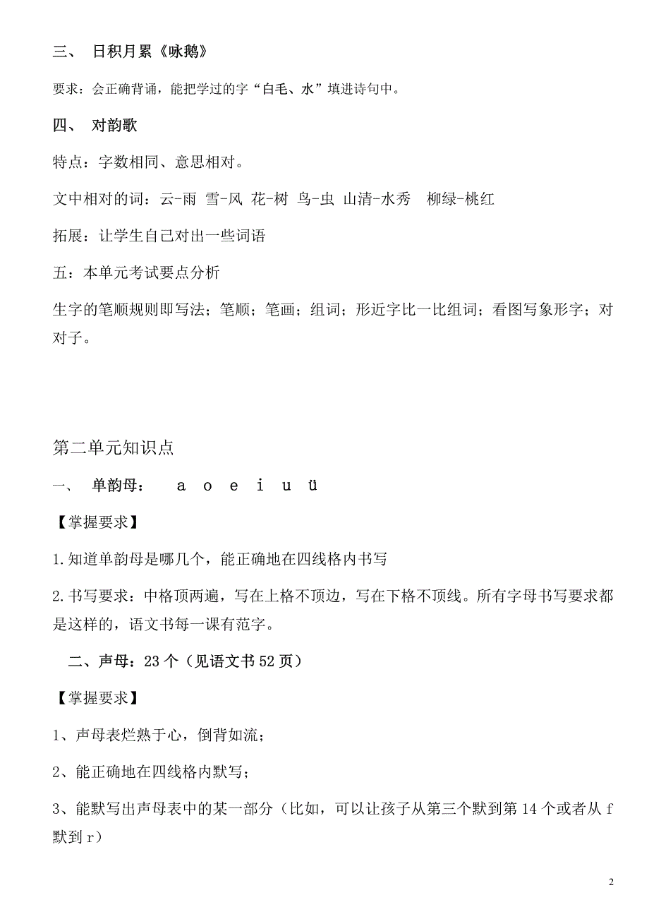 2018年新人教版部编本小学语文一年级上册第1-8单元知识要点整理资料_第2页