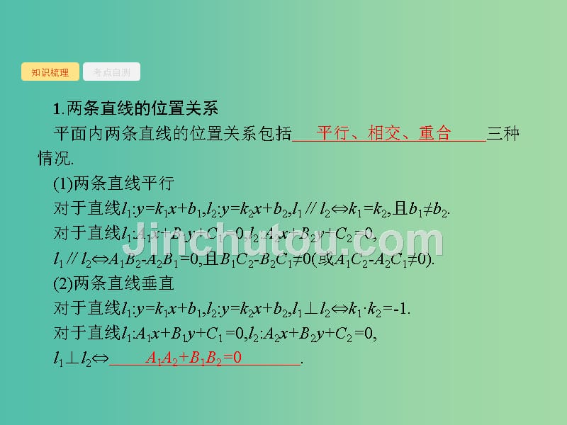 高考数学第九章解析几何9.2点与直线两条直线的位置关系课件文新人教a版_第3页