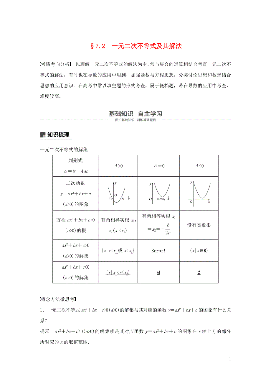 江苏专用2020版高考数学大一轮复习第七章不等式推理与证明数学归纳法7.2一元二次不等式及其解法教案含解析20190831143_第1页