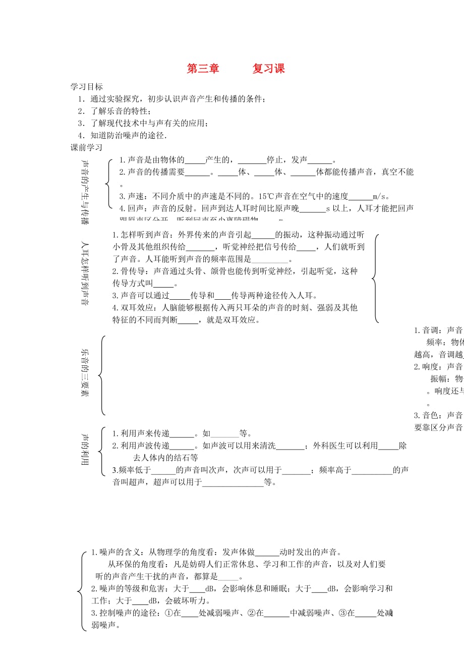 八年级物理上册第三章声复习导学案无答案教科版_第1页