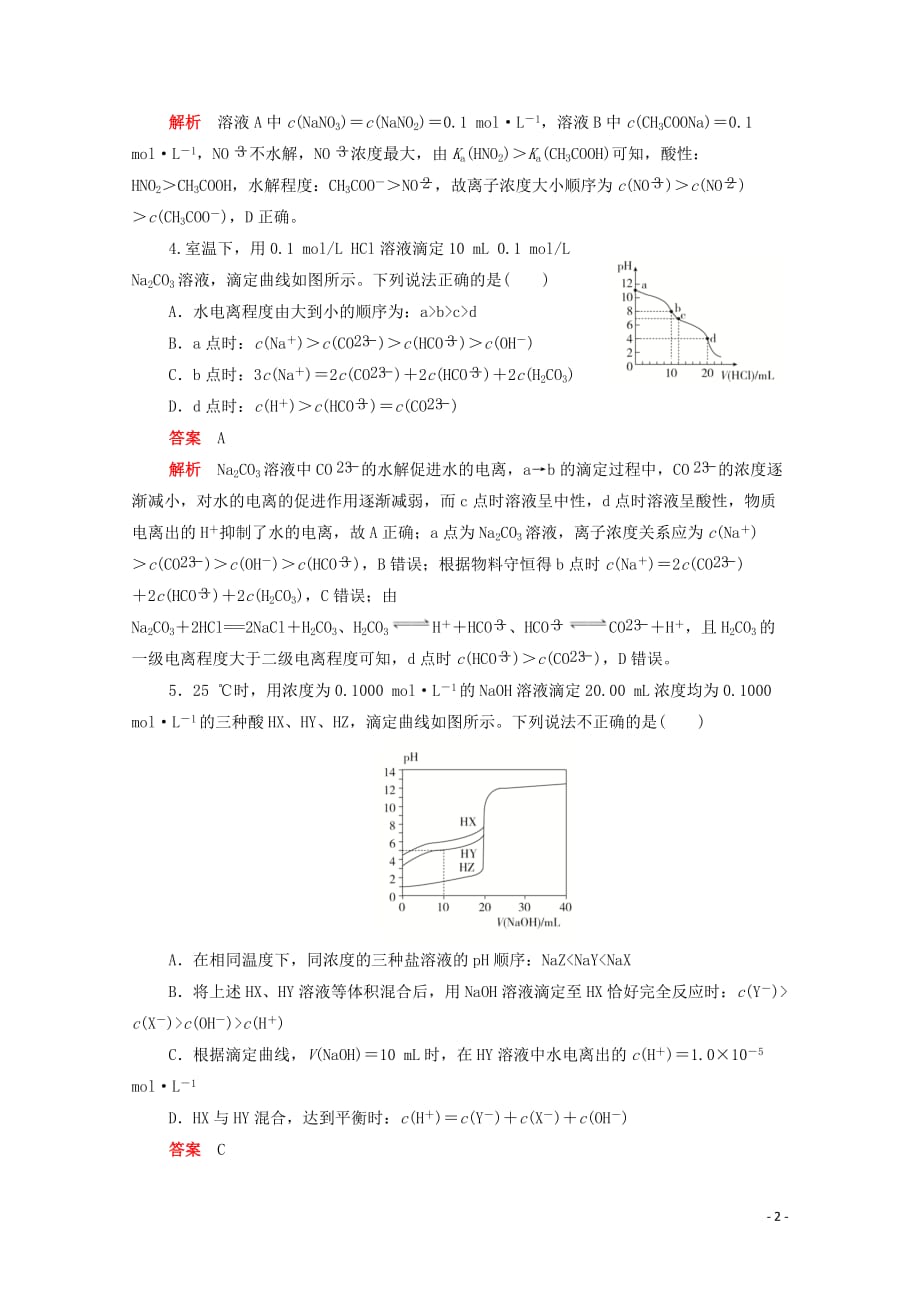 新课标通用2020届高考化学一轮复习强化训练四离子浓度大小比较含解析20190717358_第2页