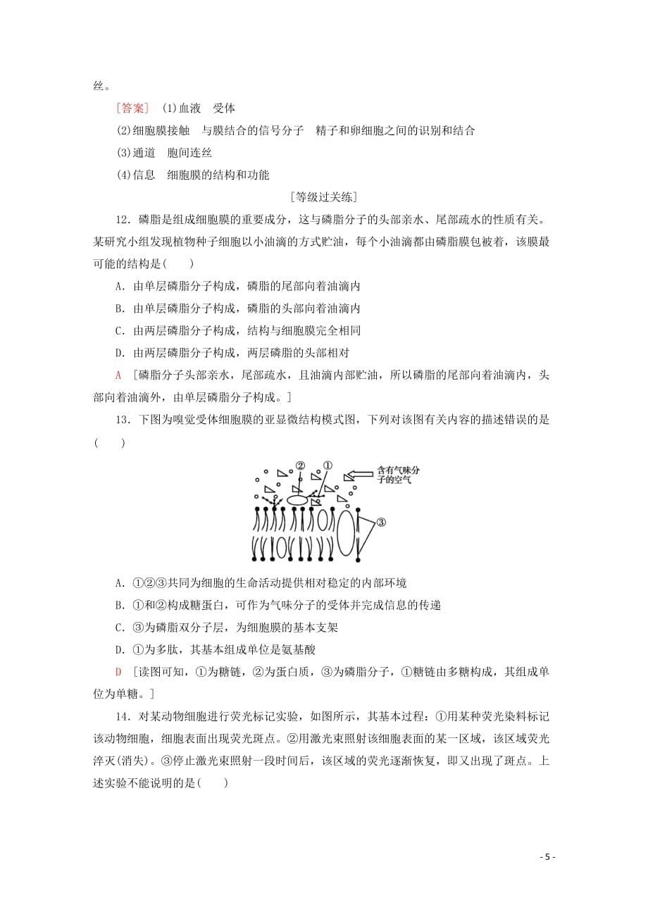 2019-2020年新教材高中生物 课时分层作业8 细胞膜的结构和功能（含解析）新人教版必修1_第5页