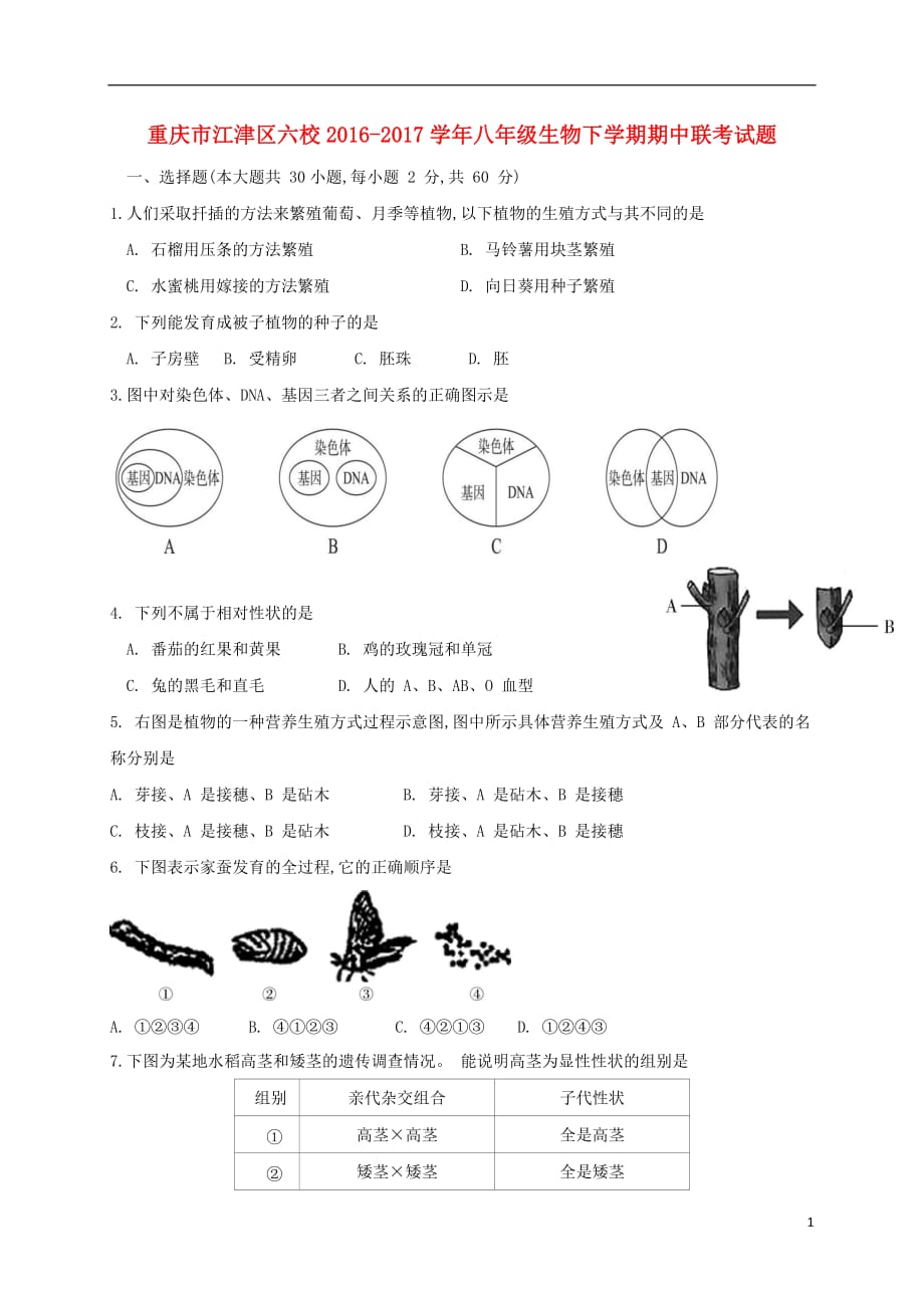 重庆市江津区六校2016_2017学年八年级生物下学期期中联考试题201710283109_第1页