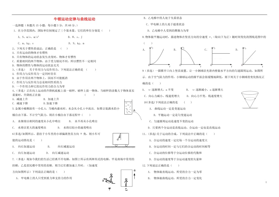 河北省衡水市景县梁集中学2015-2016学年高中物理 牛顿运动定律与曲线运动测试卷 新人教版必修2_第1页