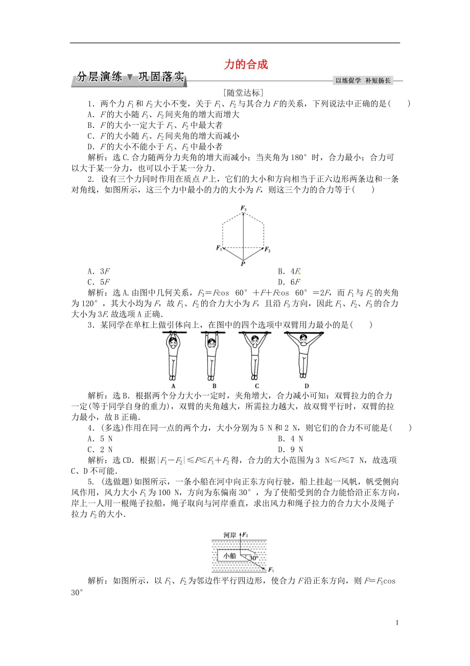 优化方案2017高中物理 第三章 相互作用 第4节 力的合成分层演练巩固落实 新人教版必修1_第1页