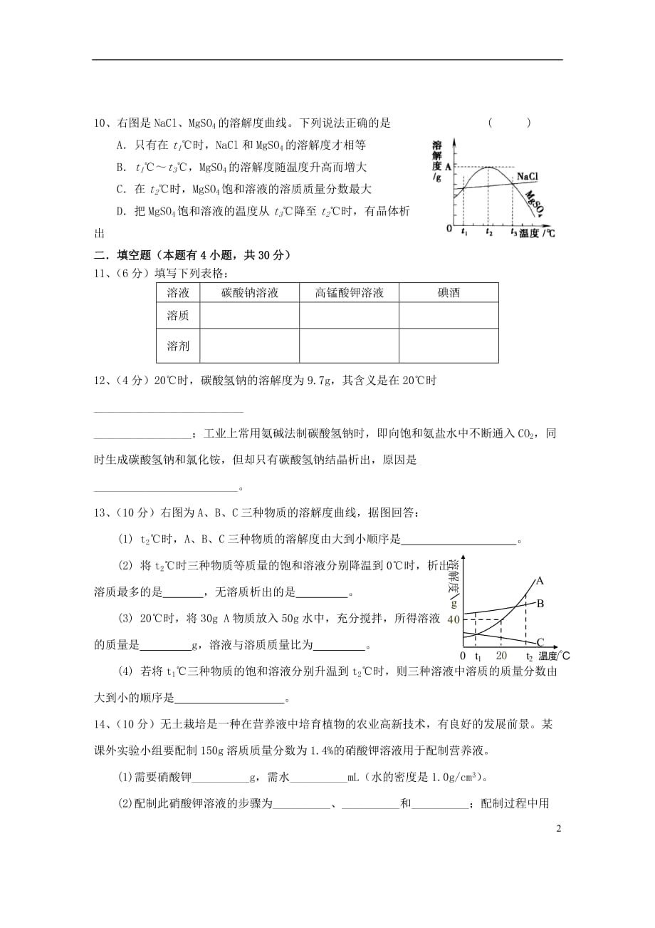 广东省惠州市外国语学校2015届九年级化学下册 第九单元 溶液单元综合测试题 （新版）新人教版 (2).doc_第2页