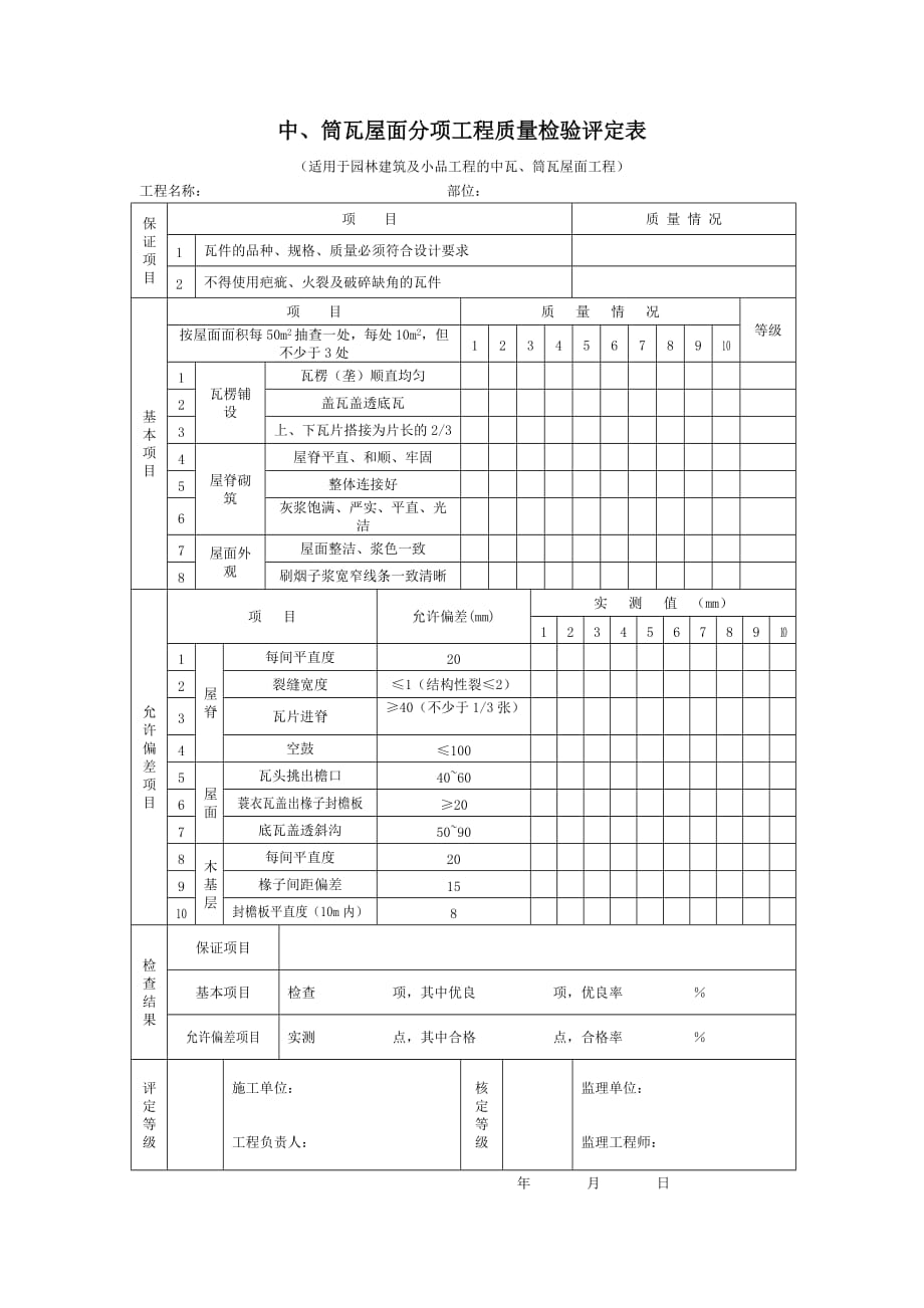 中、筒瓦屋面分项工程质量检验评定表_第1页