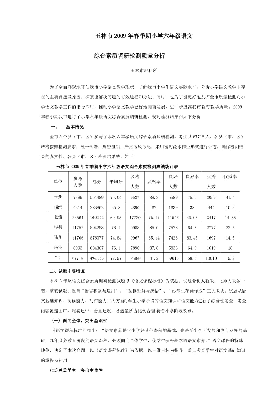 玉林市2009年春季期小学六年级语文_第1页