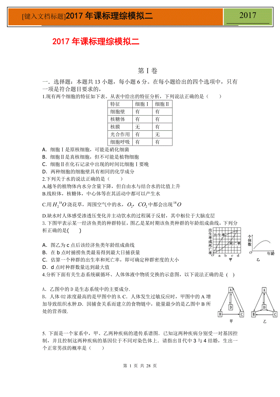 2017年课标理综模拟二_第1页