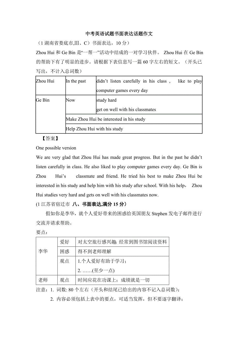 中考英语试题书面表达话题作文_第1页