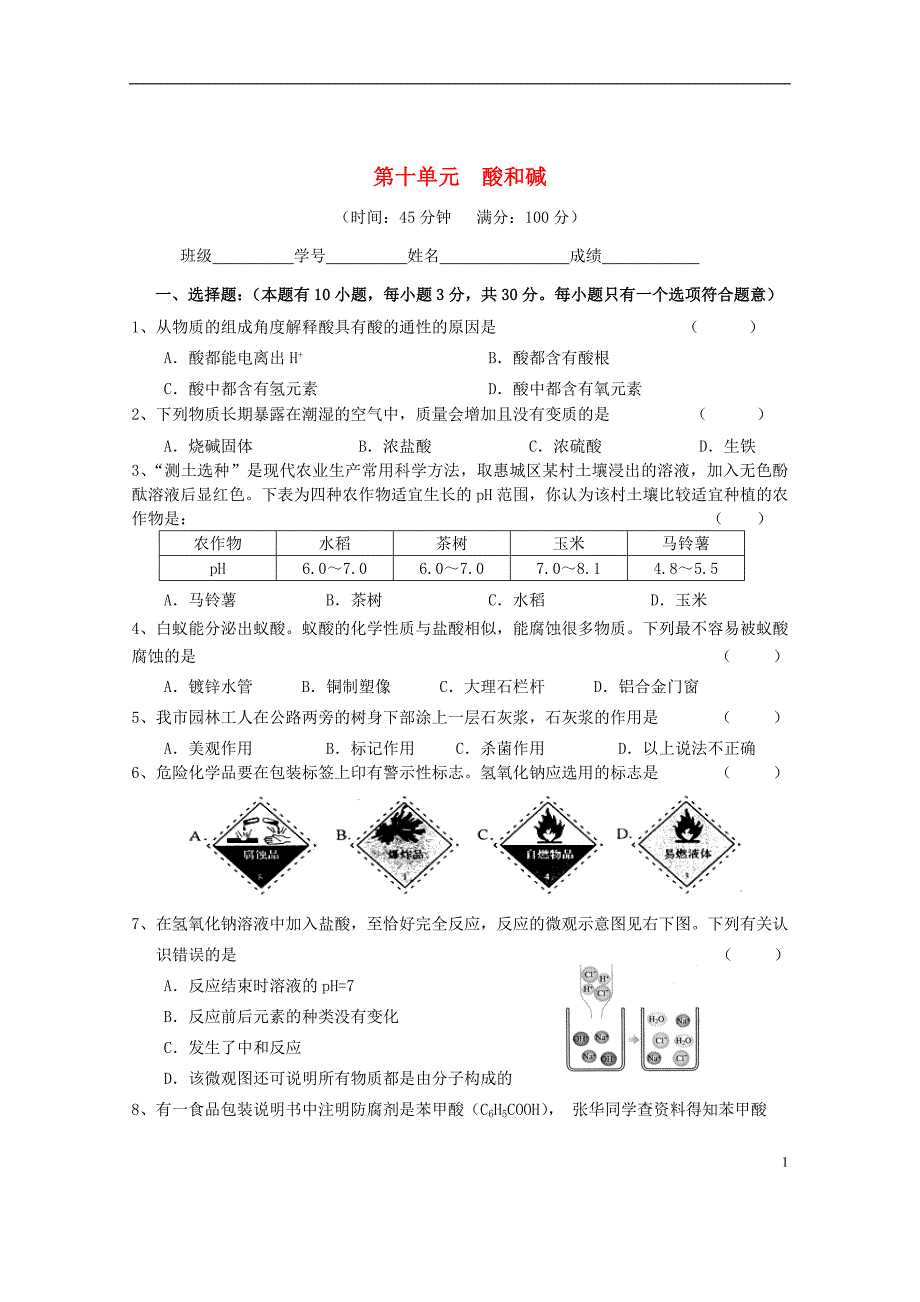 广东省惠州市外国语学校2015届九年级化学下册 第十单元 酸和碱单元综合测试题 （新版）新人教版 (2).doc_第1页