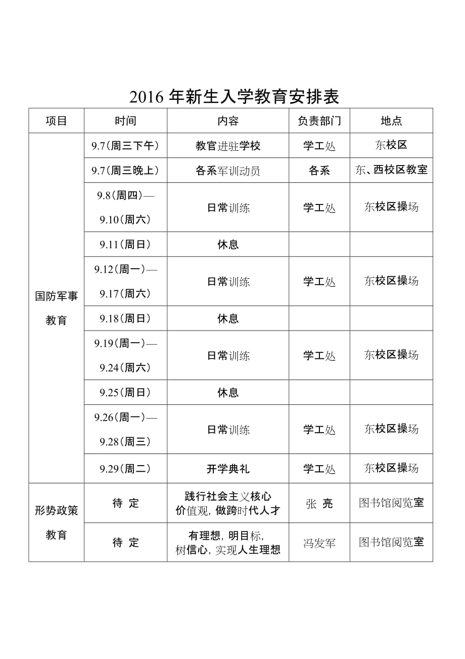 2016年新生入学教育安排表_第1页