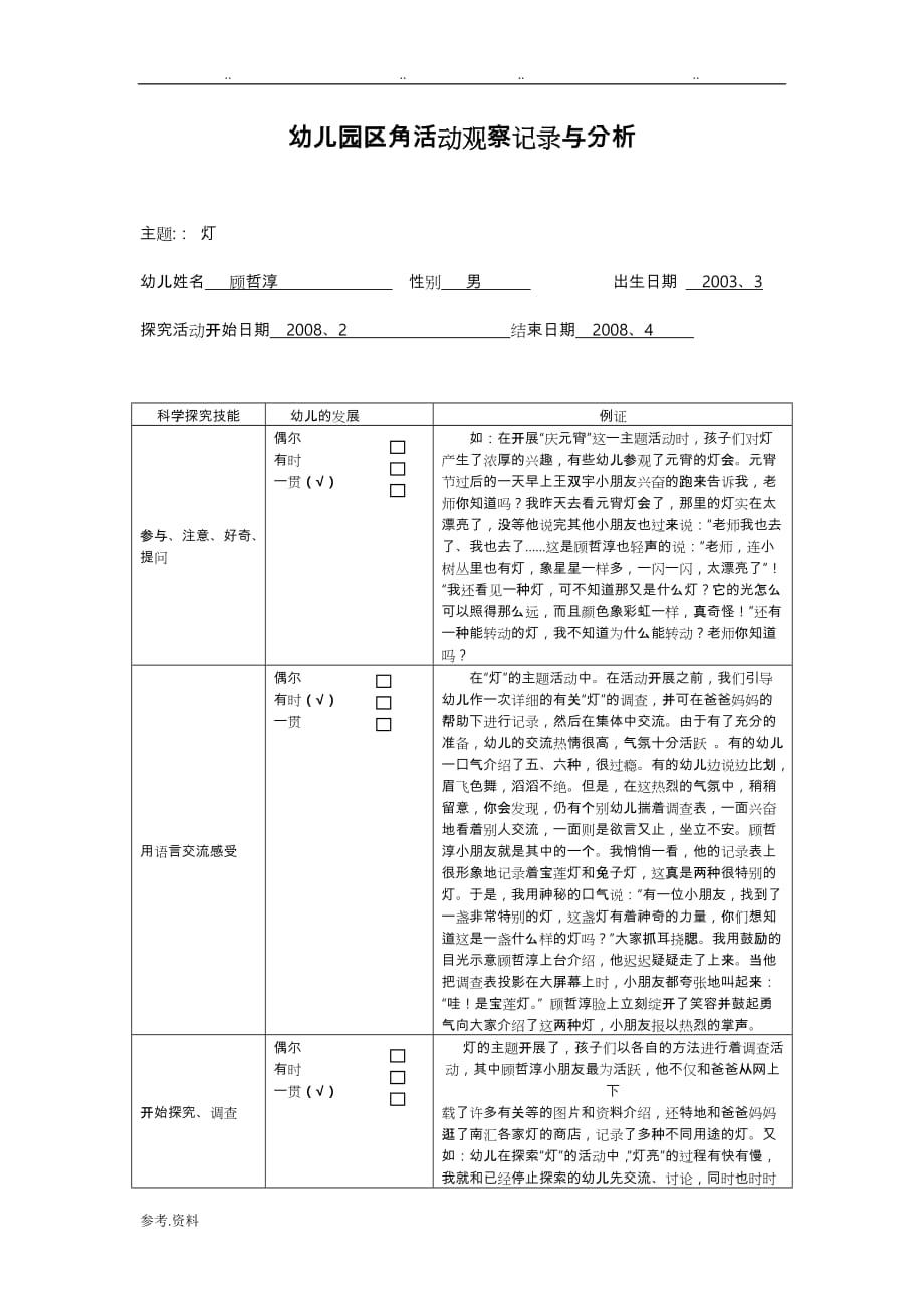 幼儿园区角活动观察记录与分析报告_第1页