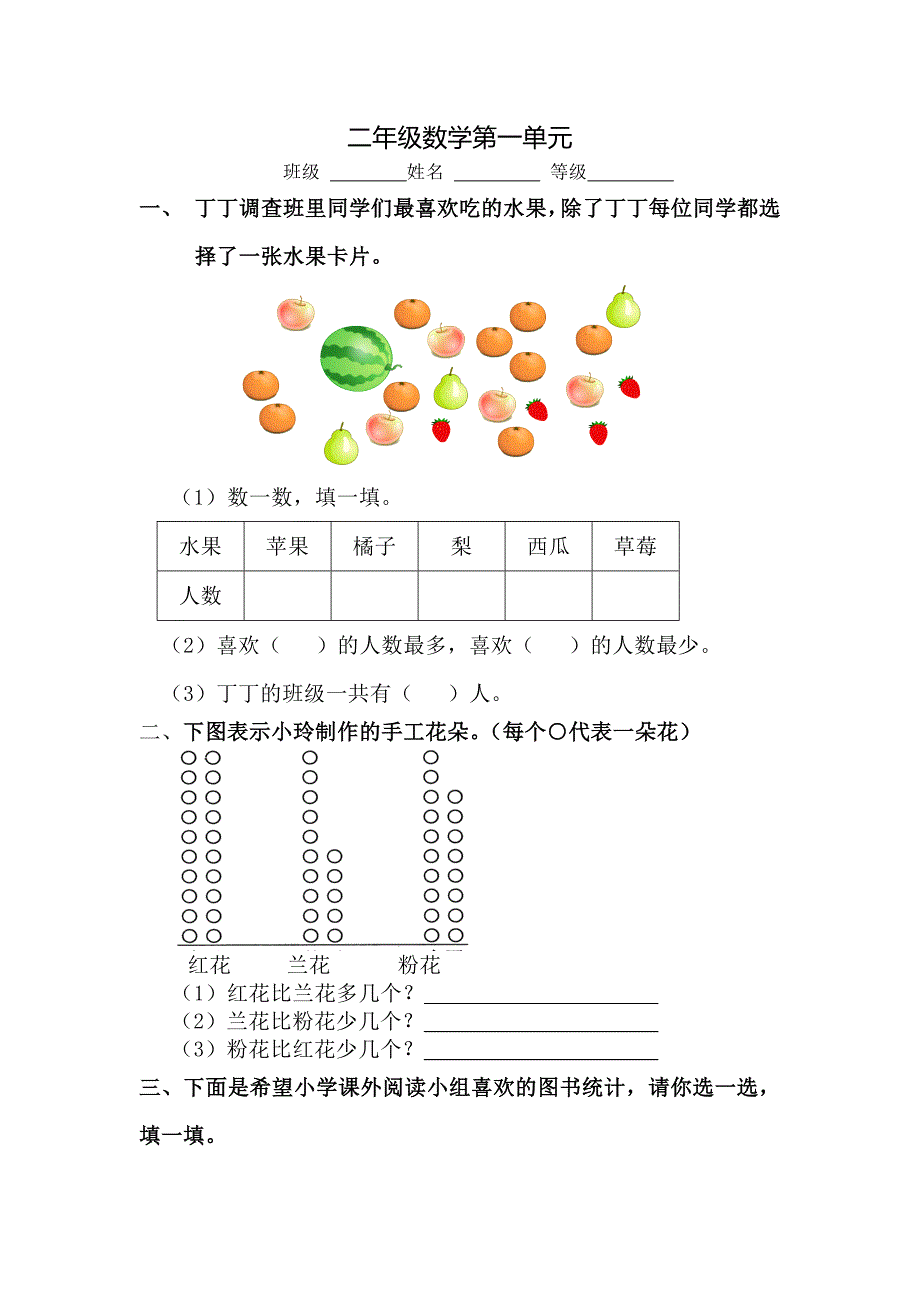 人教版二年级数学下册1-4单元试题(最新)_第1页