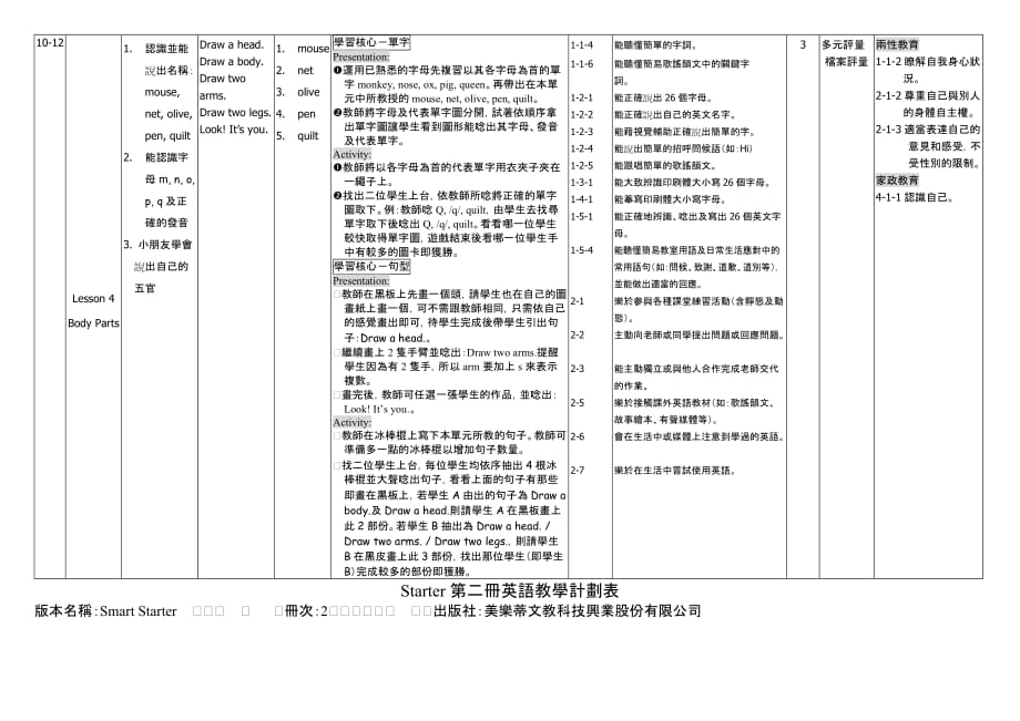 starter第二册英语教学计划表_第4页