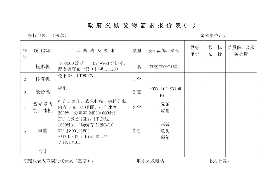 政府采购货物需求报价表一_第1页