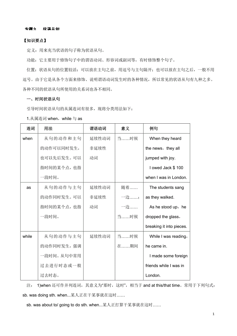 江苏省无锡市高三英语总复习教案(艺考生)：专题九状语从句教师版_第1页