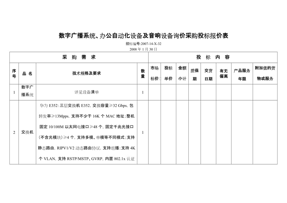 数字广播系统、办公自动化设备和音响设备询价采购投标报价表_第1页