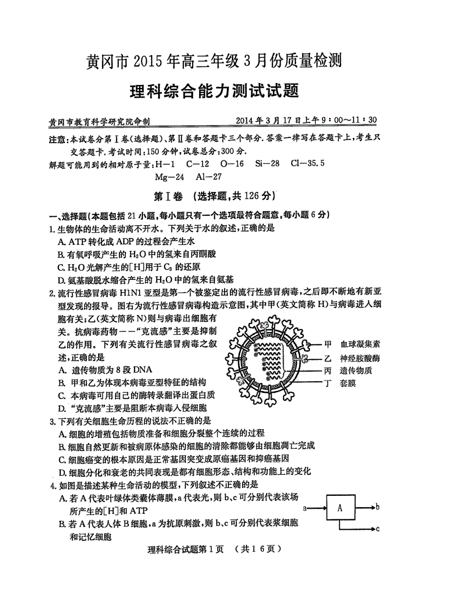 黄冈市2015年高三年级3月份质量检测理综_第1页