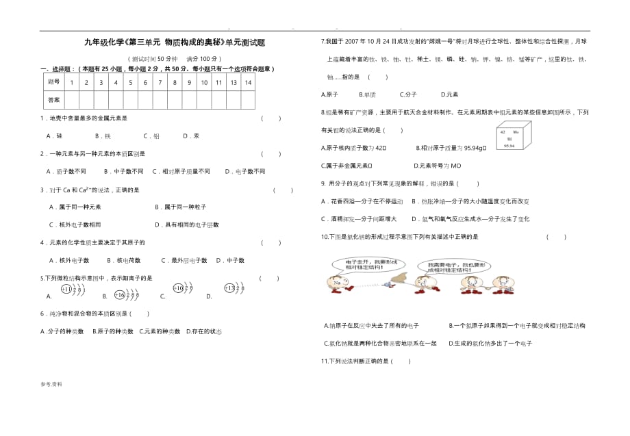 九年级化学第三单元《物质构成的奥秘》单元检测试题_第1页