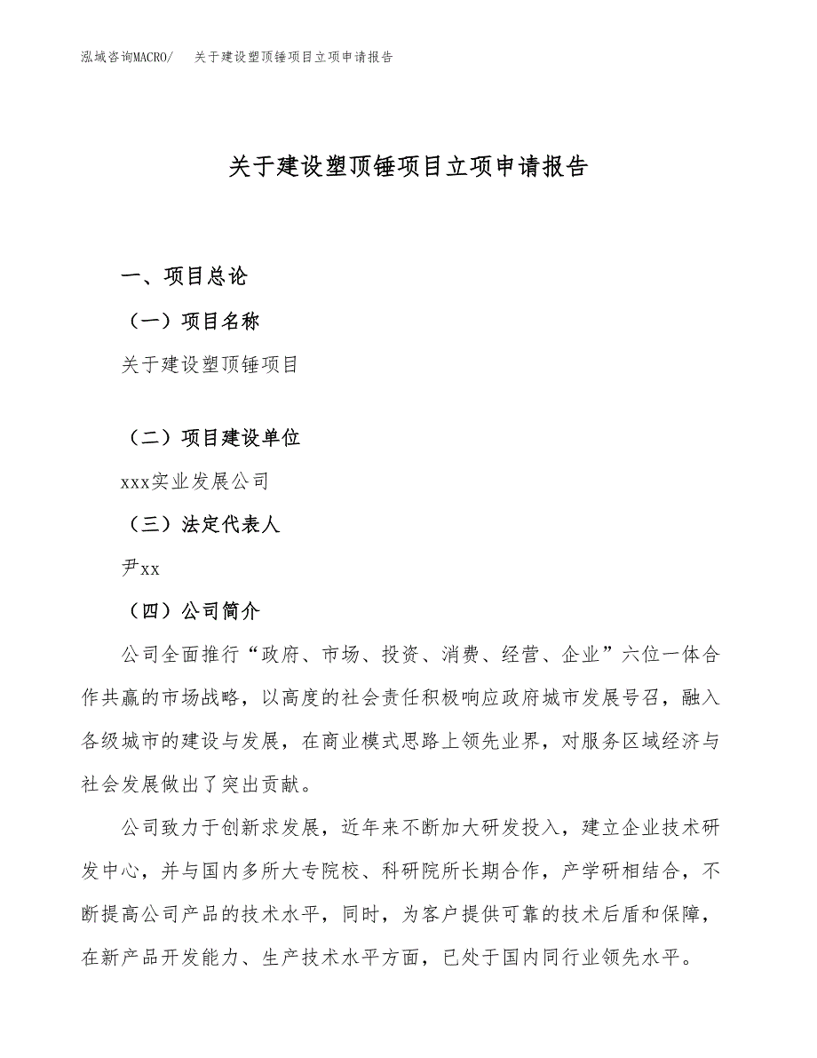 关于建设塑顶锤项目立项申请报告（41亩）.docx_第1页