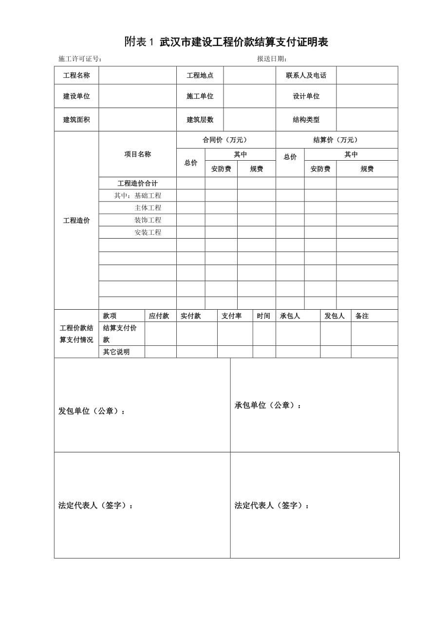 附表1武汉市建设工程价款结算支付证明表_第1页