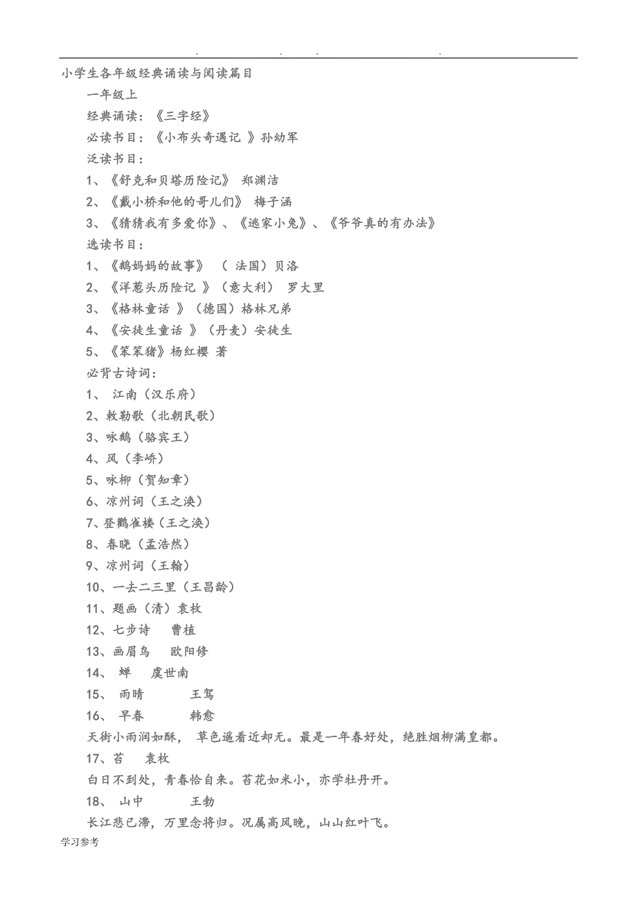 小学生各年级经典诵读与阅读篇目_第1页