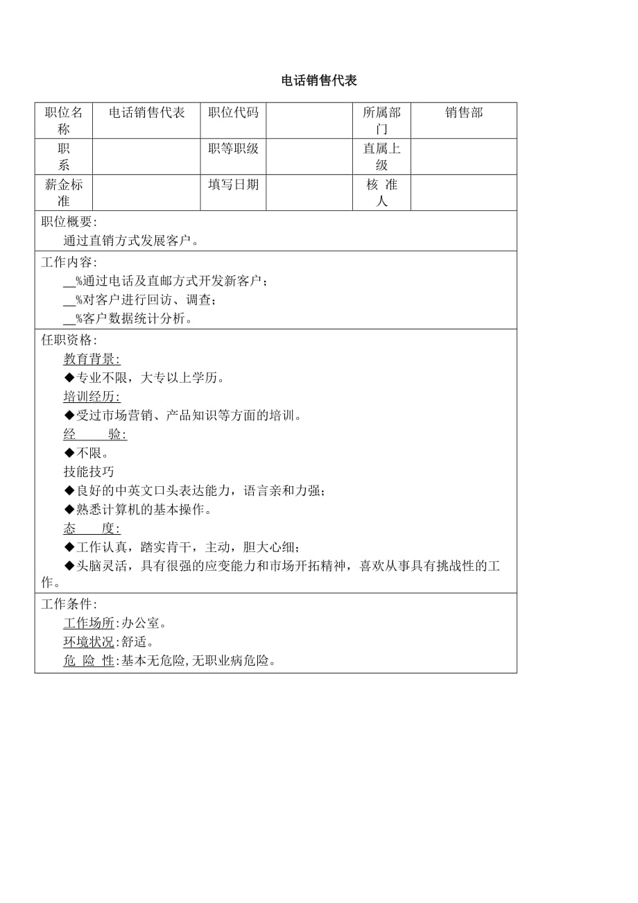 （完整版）2019年电话销售代表职位说明书_第1页