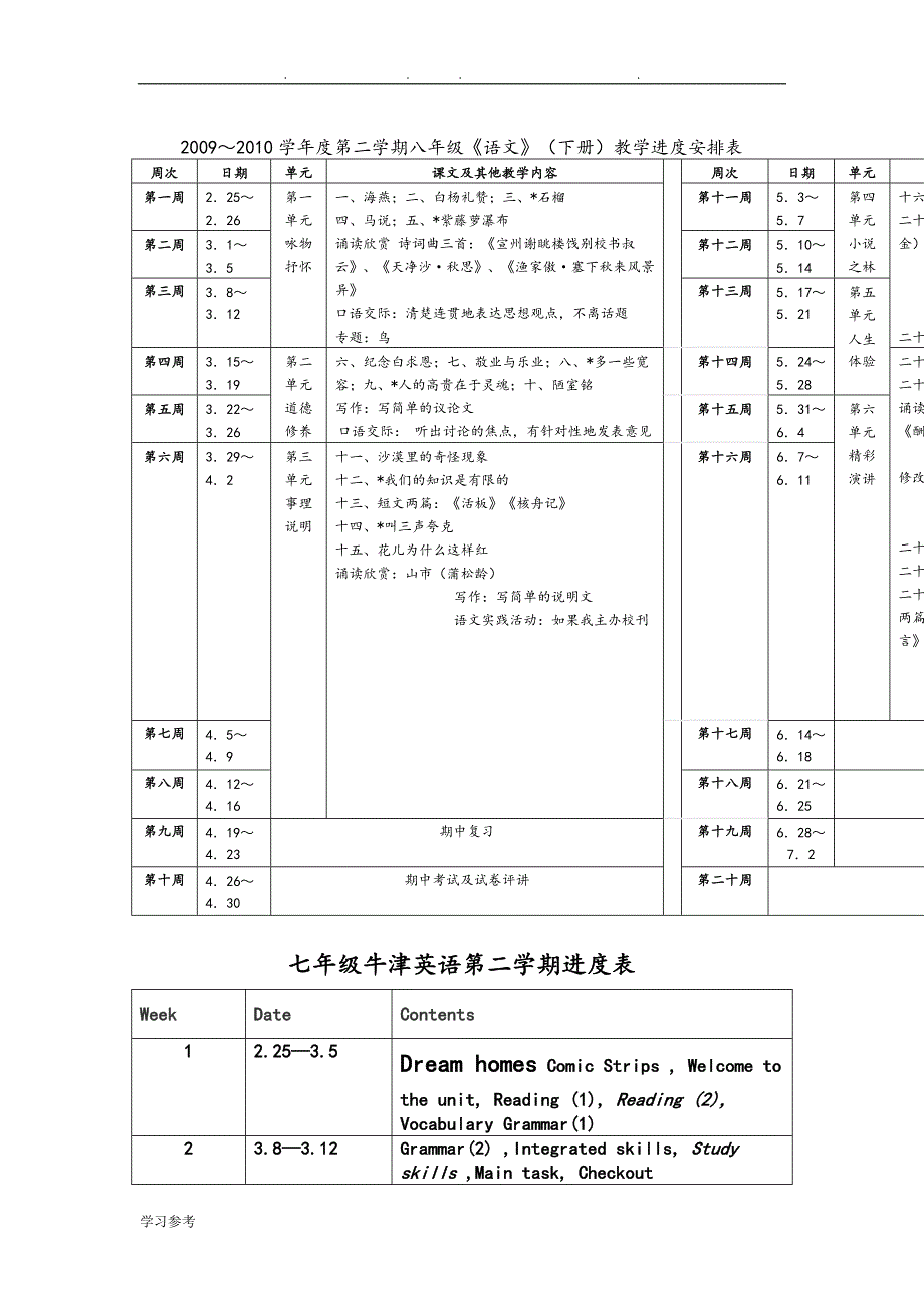 2010春学年苏版语文七年级下教学计划进度表_第2页