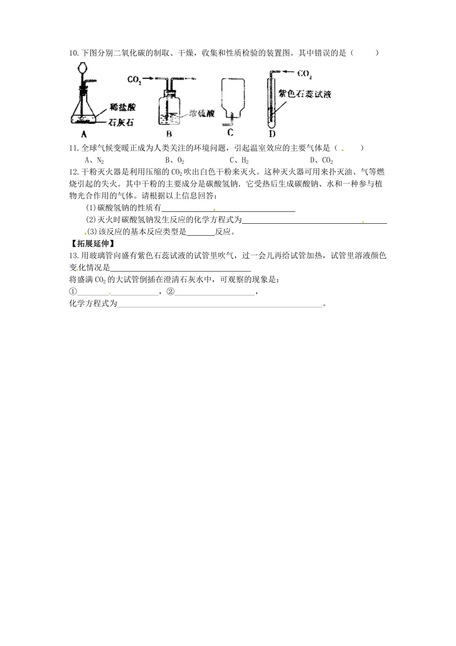 九年级化学上册6.3二氧化碳和一氧化碳第1课时导学案无答案新新人教_第4页