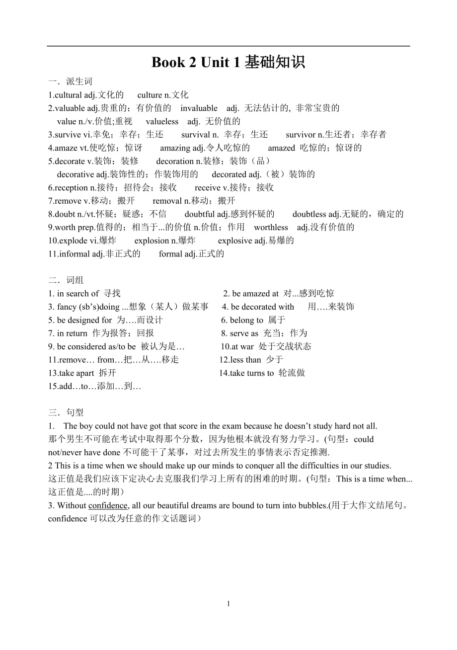 人教版高中英语必修Book2 Unit1基础知识 派生词 短语 句式_第1页