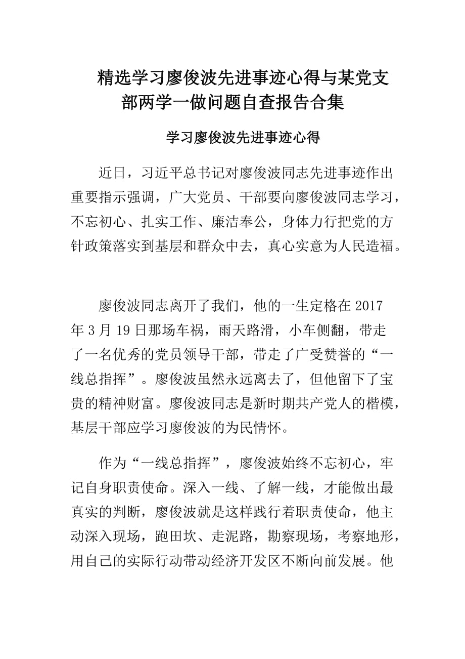 学习廖俊波先进事迹心得与某党支部两学一做问题自查报告多篇合集_第1页