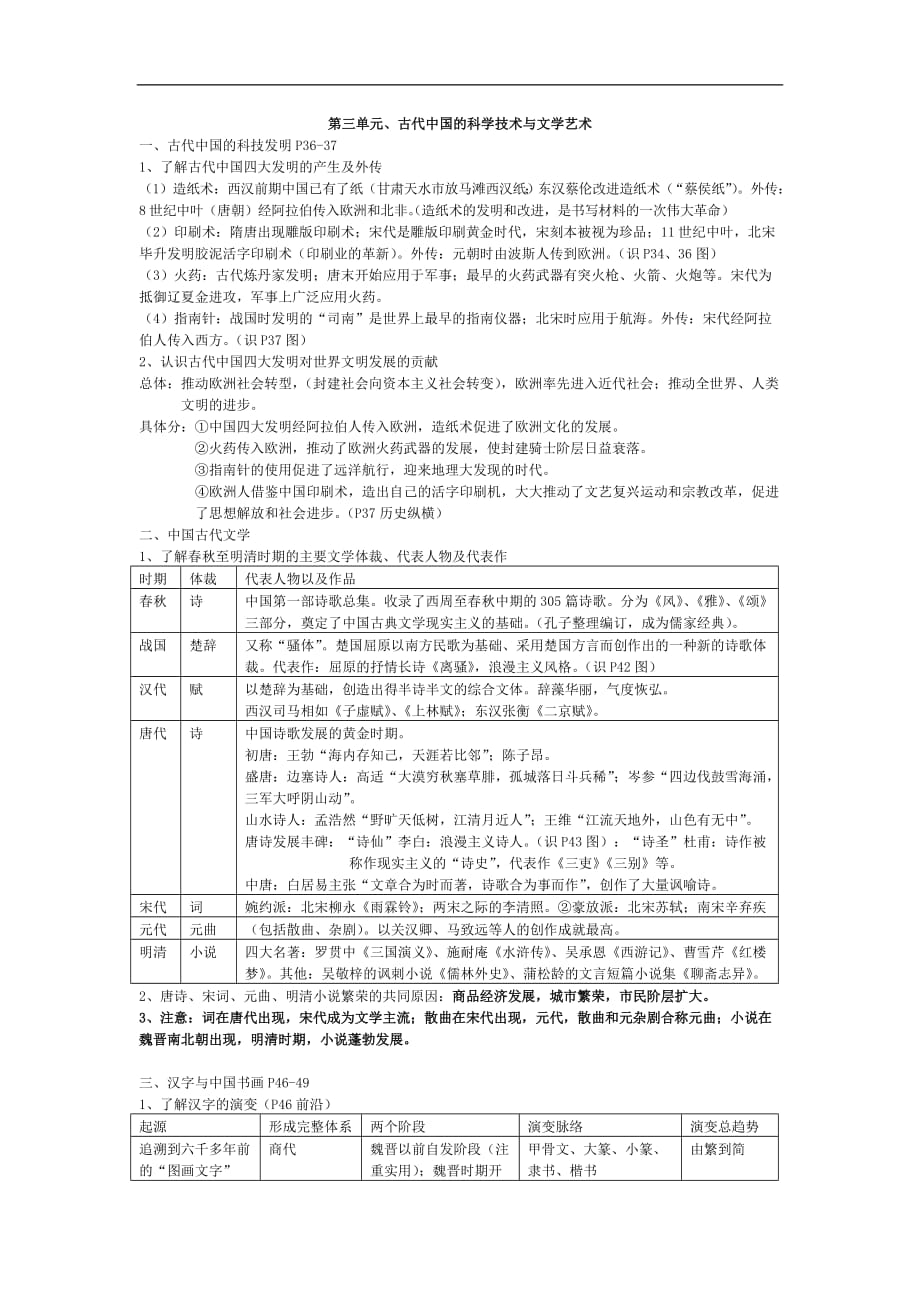 江苏省高二历史学测必修3复习提纲：第3单元 古代中国的科学技术与文学艺术_第1页