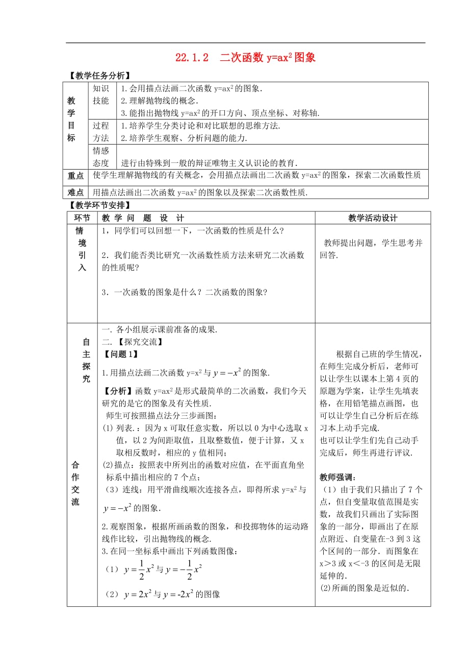 人教初中数学九上22.1.2二次函数y=ax2的图像教案_第1页