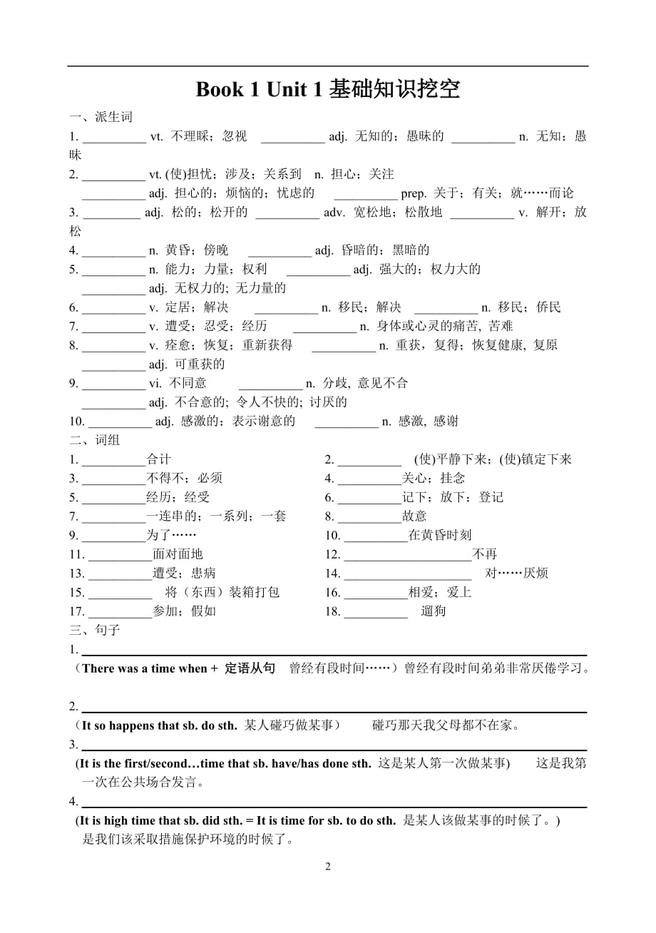 人教版高中英语必修Book1 Unit1基础知识 派生词 短语 句式_第2页