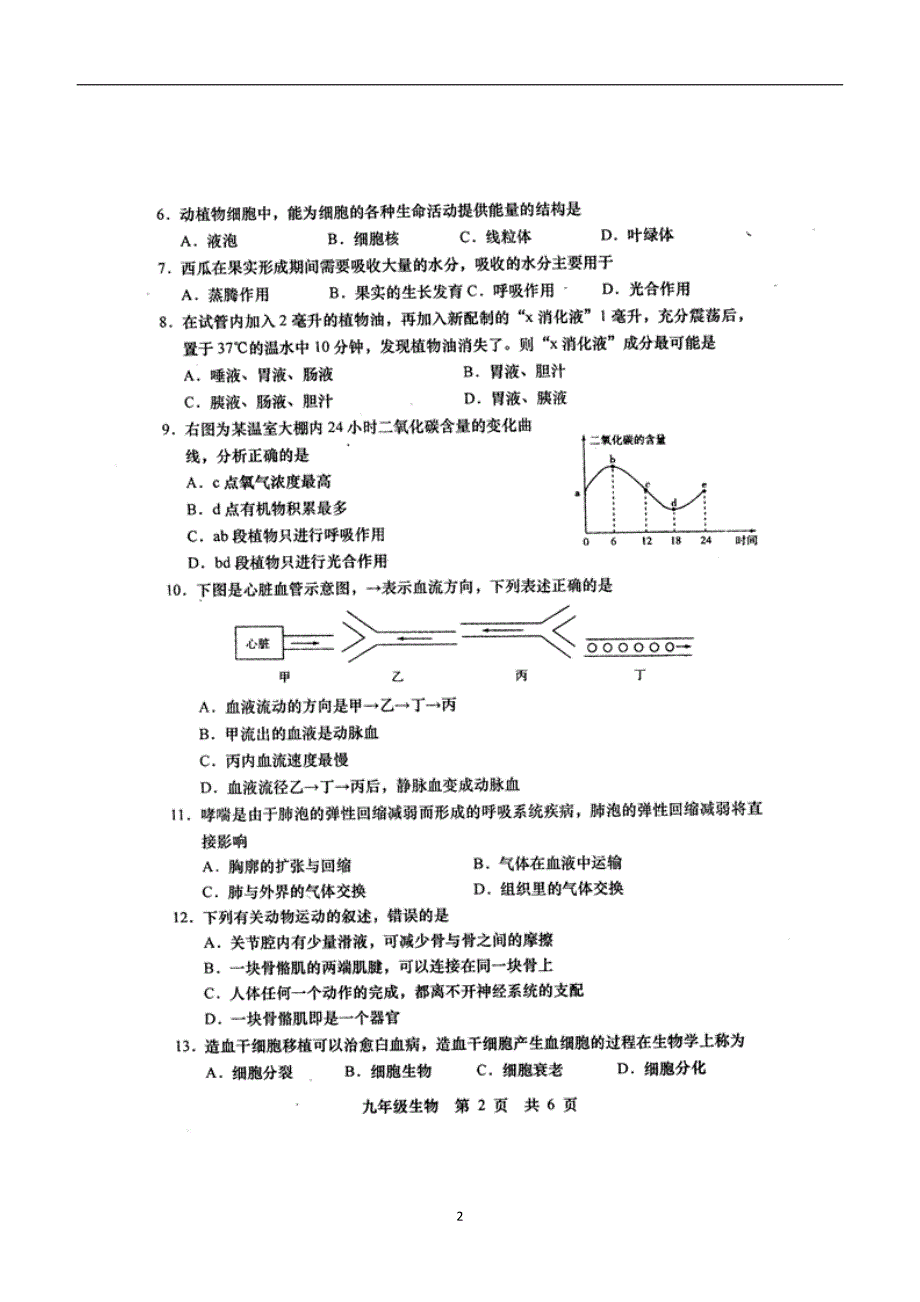 山东省菏泽市牡丹区黄堽镇侯集初级中学2017届九年级上学期期中测试生物试题（附答案）.doc_第2页