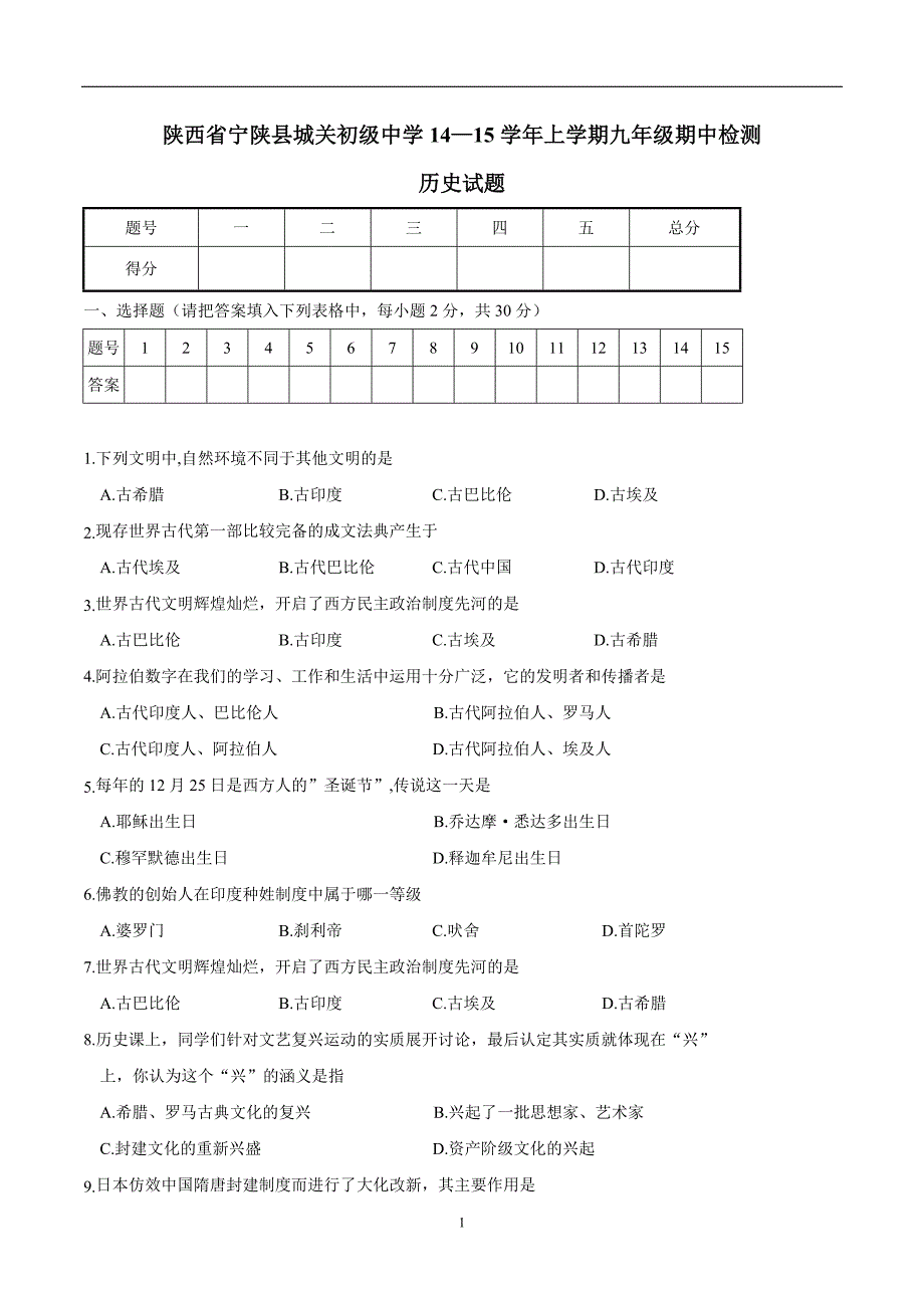 陕西省宁陕县城关初级中学14—15学年上学期九年级期中检测历史试题（附答案）$496025.doc_第1页