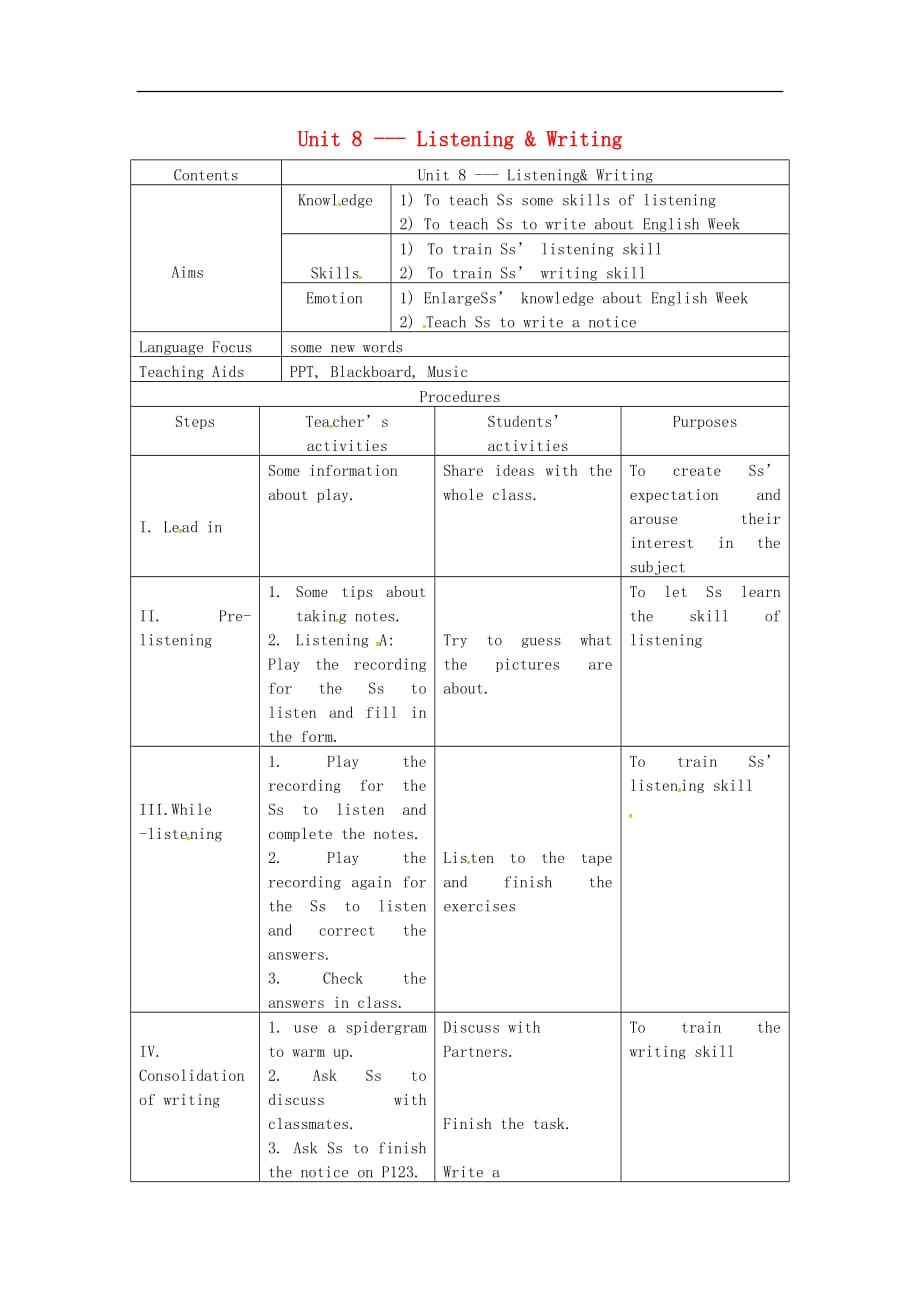 牛津深圳初中英语八上《Unit 8 English Week Listening & Writing教案_第1页