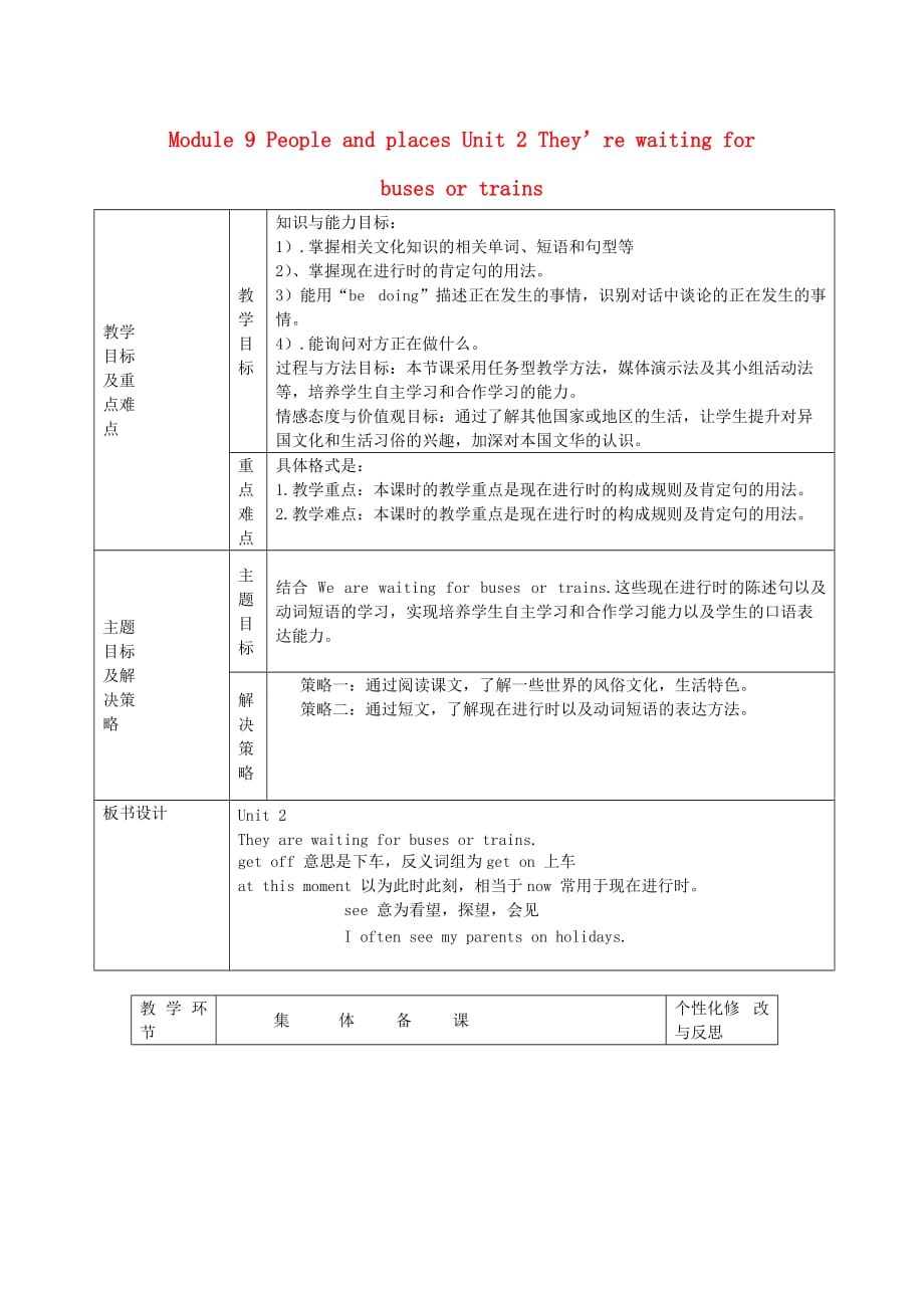 七年级英语上册 Module 9 People and places Unit 2 They’re waiting for buses or trains教案 （新版）外研版_第1页