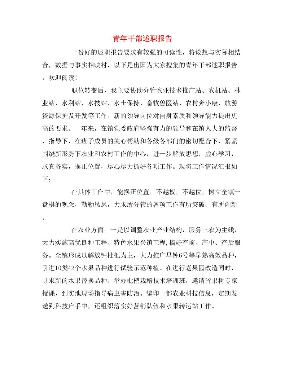 2019年青年干部述职报告_第1页