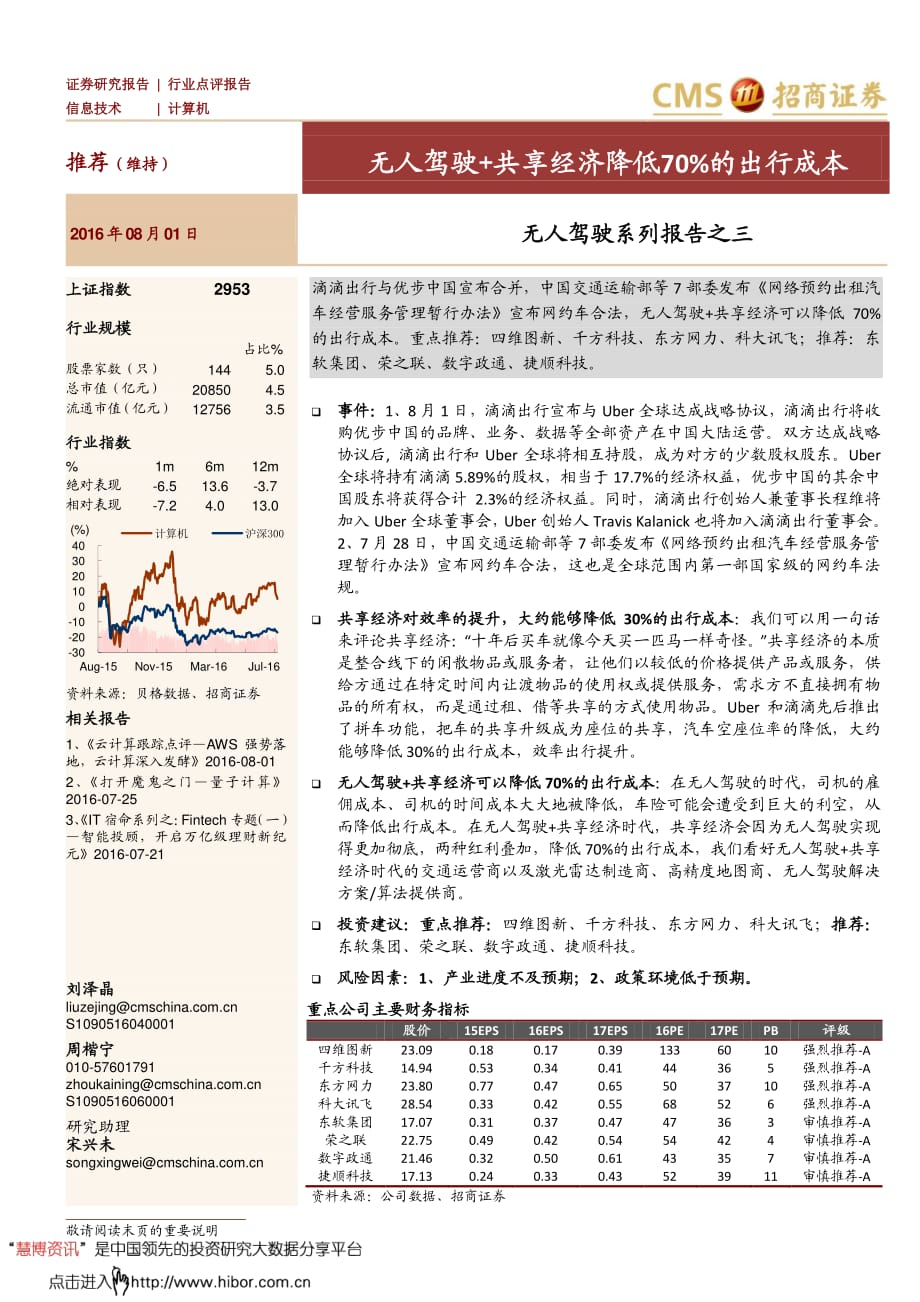 20160801-招商证券-计算机行业无人驾驶系列报告之三：无人驾驶+共享经济降低70%的出行成本精编_第1页