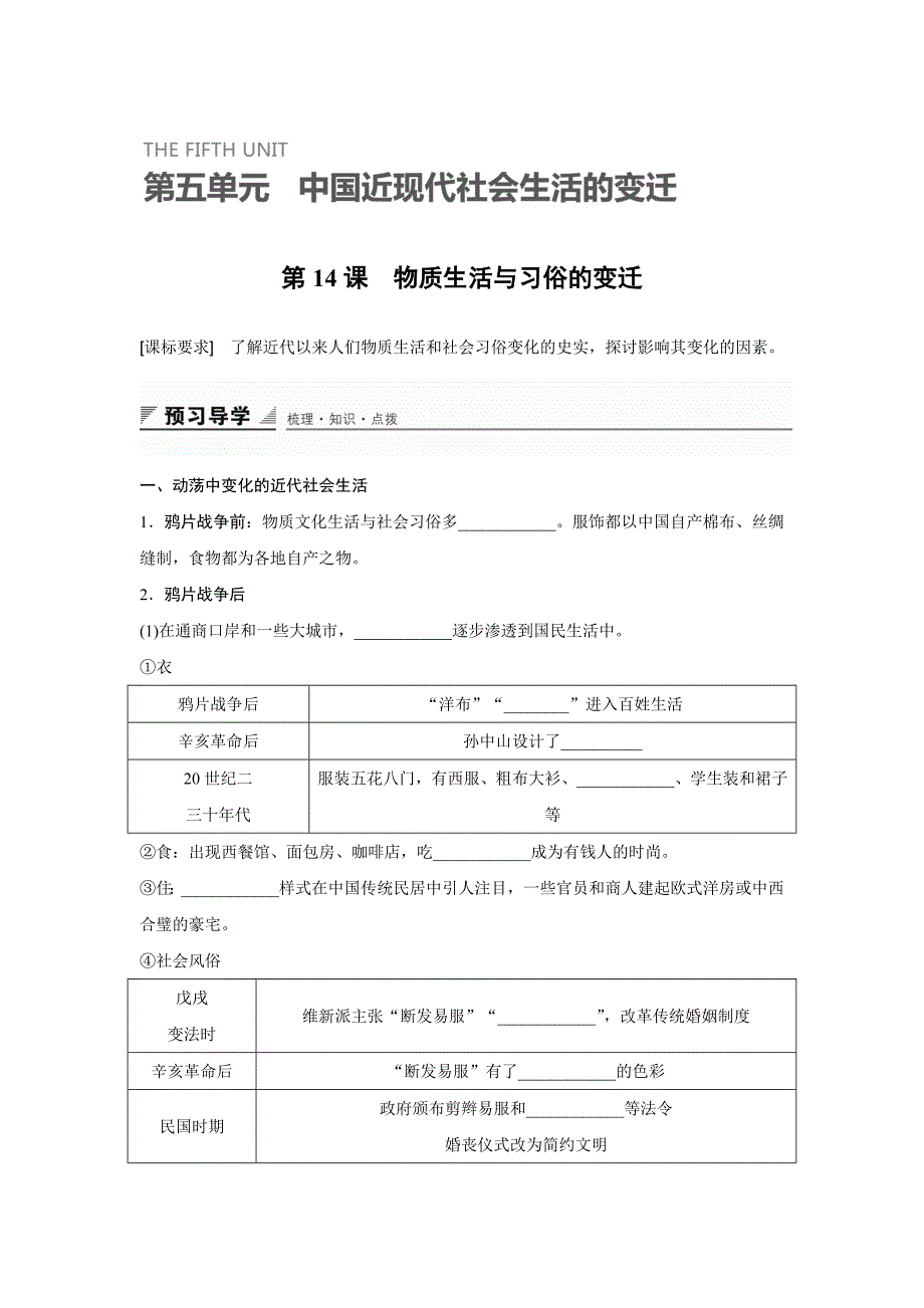 高一历史人教版必修2学案：第14课 物质生活与习俗的变迁 Word版含答案_第1页