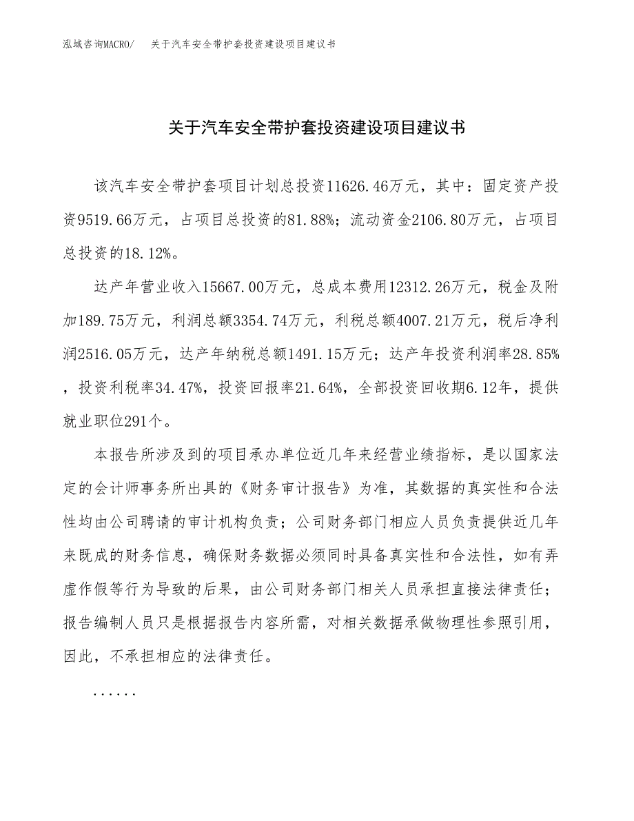 关于汽车安全带护套投资建设项目建议书范文（总投资12000万元）.docx_第1页