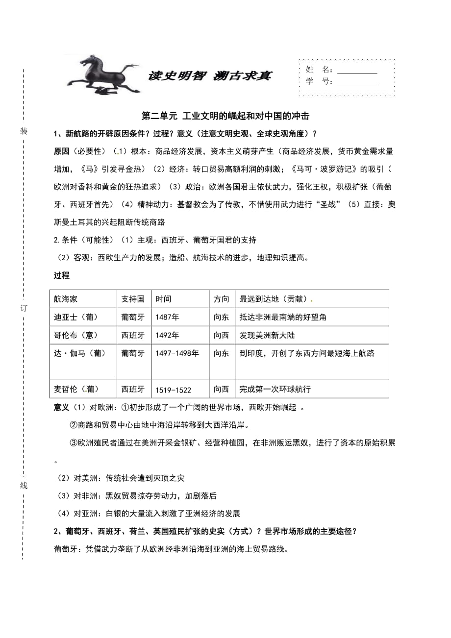 岳麓版高中历史必修二第二单元工业文明的崛起和对中国的冲击重要知识点总结_第1页