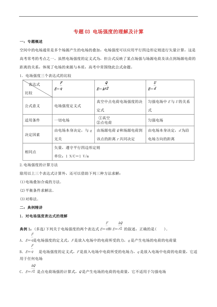 2017-2018学年高一物理 电学专题提升 专题03 电场强度的理解及计算_第1页