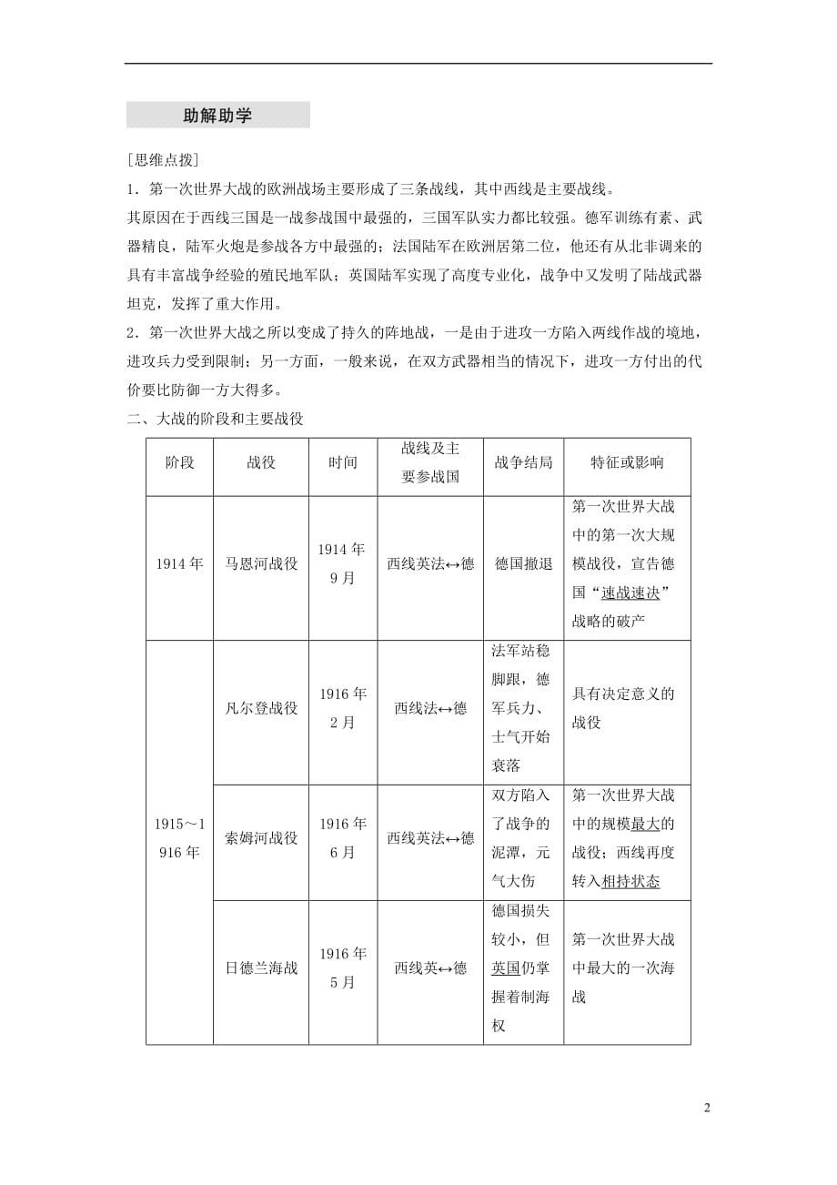 2017-2018学年高中历史 第一单元 第一次世界大战 第2课 旷日持久的战争学案 新人教版选修3_第2页