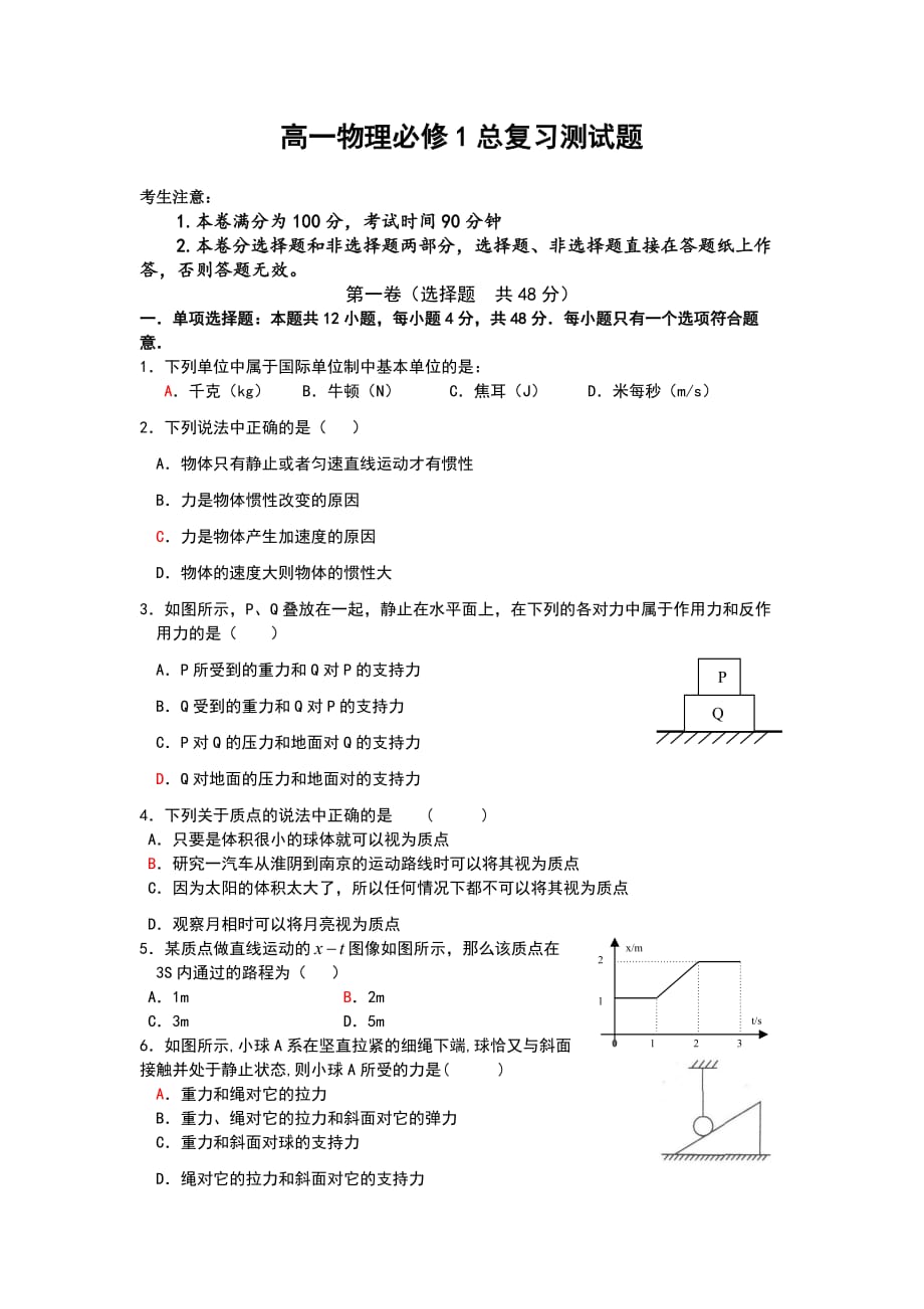 高一物理必修1总复习测试题_第1页