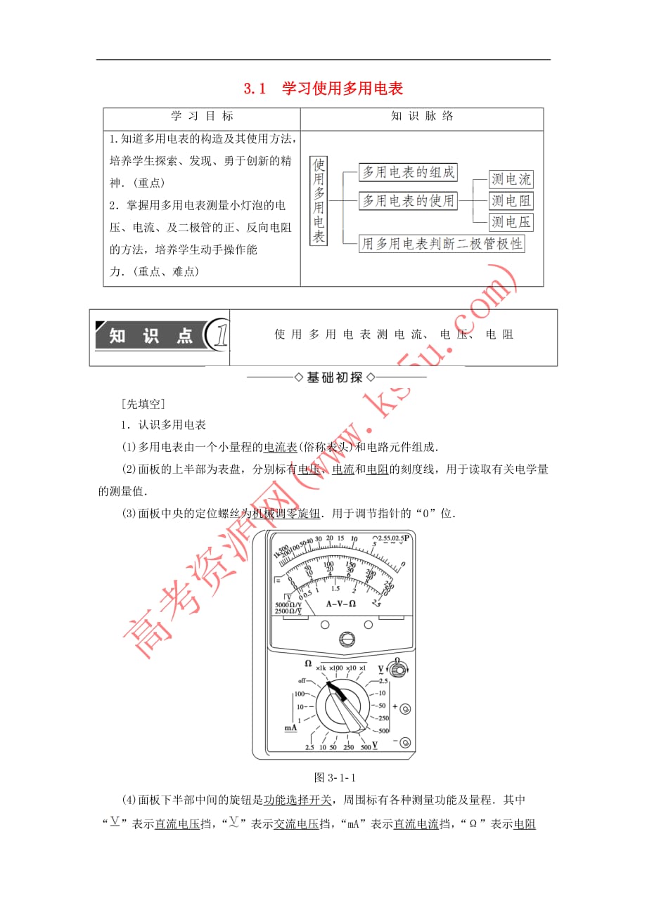 2017-2018学年高中物理 第3章 从电表电路到集成电路 3.1 学习使用多用电表学案 沪科版选修3-1_第1页