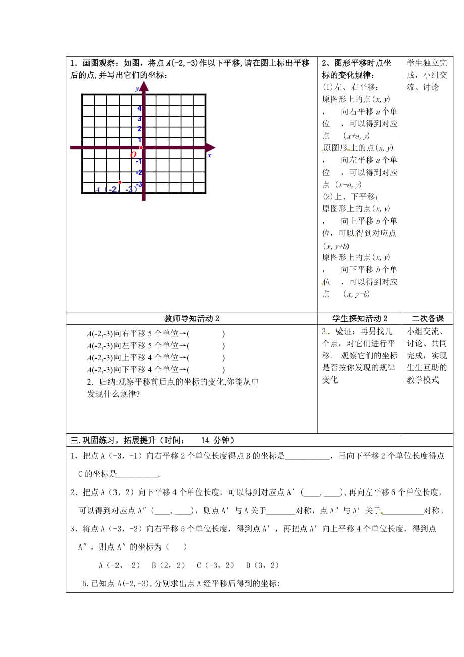 人教初中数学七下7.2.2 用坐标表示平移教案1_第2页